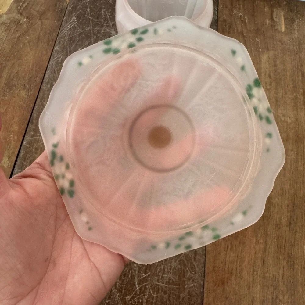 Antique Pink Depression Frosted‎ Satin Glass Biscuit Jar Hand Painted Floral Lid